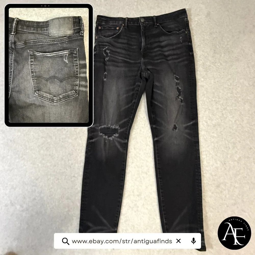American Eagle Airflex+ Skinny Distressed Black Jeans 34x32 Ripped Denim